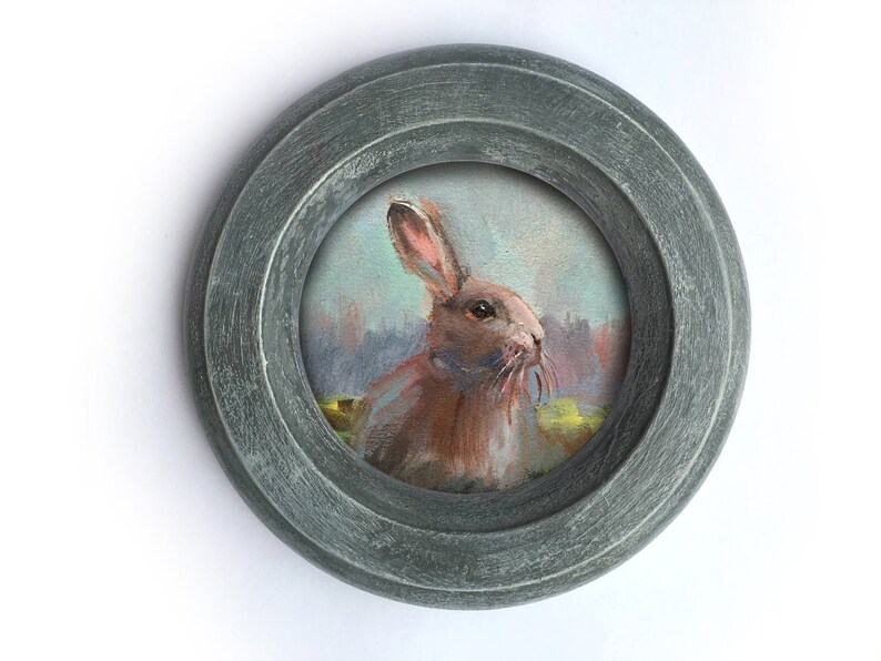 Encadré peinture originale paysage animal lapin lièvre vintage rustique farmcore cottagecore ferme décor rustique victorien mur rond image 10