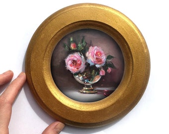 Original Painting Flower Artwork in Gold Frame Vintage Oil Framed Art Gift Small Still Life Signed Circular victorian wall decor roses round