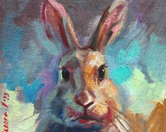 Framed Original Painting Wall Decor Oil rabbit 6x6 landscape original Art Small Bunny Gold frame Nursery wall art lover gift Easter