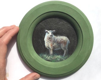 Framed Original Painting sheep Animal Artwork in Green Frame Vintage cottage decor Small victorian wall round Farm Artwork Country