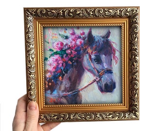 Horse Original Painting Framed Oil flowers Small landscape gift for niece Animal Artwork Shelf antique frame Art Home Decor Handmade Pet