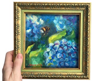 Framed Bee hydrangea Flower Painting Gold Vintage Bee Oil Painting Decor Bee Art Lover Gift Small Floral Original Signed landscape