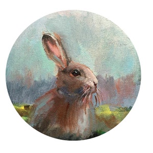 Framed Original Painting Animal landscape rabbit hare Vintage rustic farmcore cottagecore farmhouse decor rustic victorian wall decor round image 2