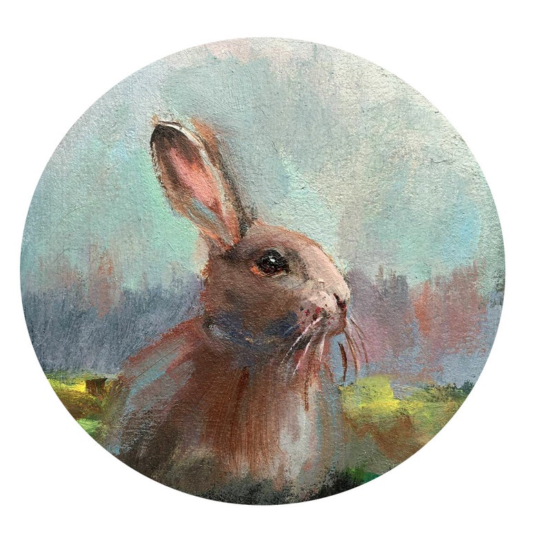 Encadré peinture originale paysage animal lapin lièvre vintage rustique farmcore cottagecore ferme décor rustique victorien mur rond image 2