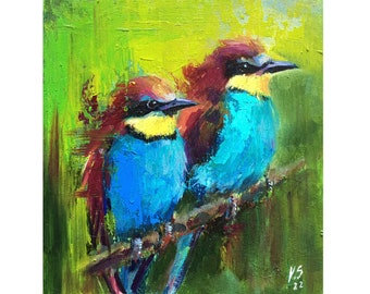 BIRD ORIGINAL painting small bee-eater Lovebirds green gift for her pair art pair birds on a branch animals wall art couple bird lover gift