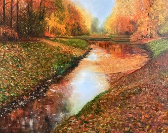 Peinture de paysage de parc d'automne, peinture à l'huile naturelle originale peinte à la main, peinture de forêt d'automne dorée, campagne d'automne, art de toile d'automne