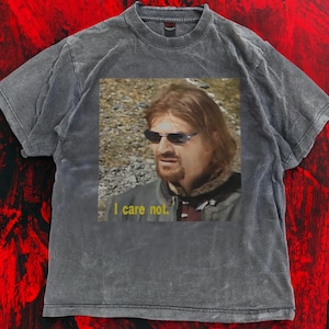 May include: A gray, stone-washed t-shirt featuring a meme of a man wearing sunglasses with the text "I care not." The image is a close-up of the man's face. The shirt has a crew neck and short sleeves.