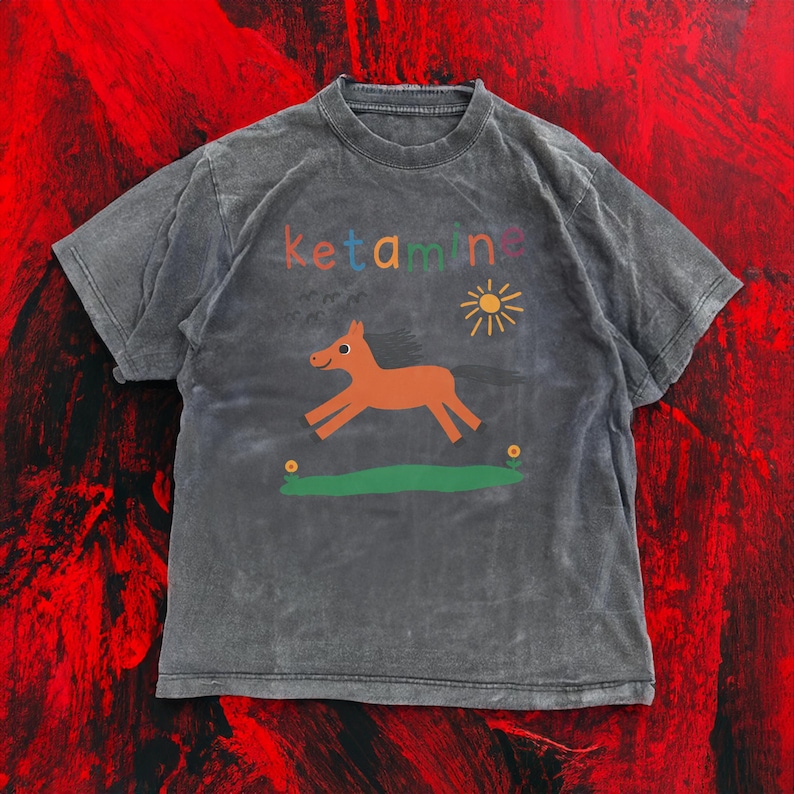 Grappig shirt, ketamine-paardenshirt, schattig meme-T-shirt, ketamine-graphic T-shirt, EDM-festivaloutfit, oversized gewassen T-shirt, BFF-cadeaus Vintage distressed