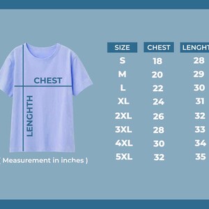 Op de afbeelding: Maattabel voor een T-shirt met metingen in inches voor borst en lengte. De maten vari&euml;ren van S tot 5XL.