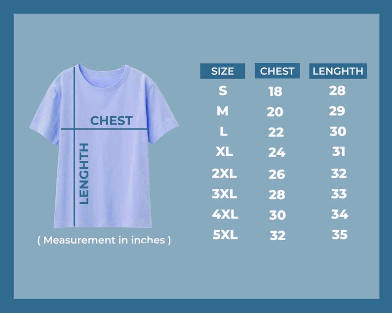 Op de afbeelding: Maattabel voor een T-shirt met metingen in inches voor borst en lengte. De maten vari&euml;ren van S tot 5XL.