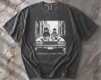 Gangsta Cats Alley Vintage Car T-Shirt, 90s Hip Hop Kitty Graphic Tee, Retro Streetwise Feline Rap Music Birthday Print
