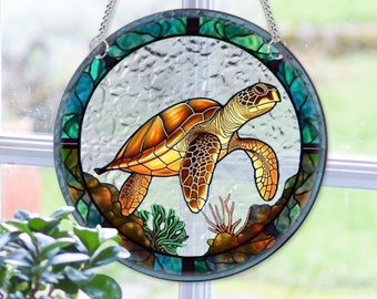 Signo de tortuga nadadora, signo de corona de tortuga nadadora, tortuga efecto vidriera, colgante de ventana, cazador de sol, interior o exterior, decoración del hogar