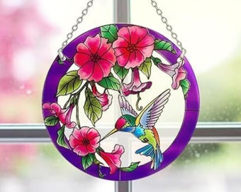 Humming Bird Hanging, Humming Bird Wreath Sign, Stained Glass Effect Humming Bird, Window Hanging, Suncatcher, Indoor or Outdoor, Home Decor