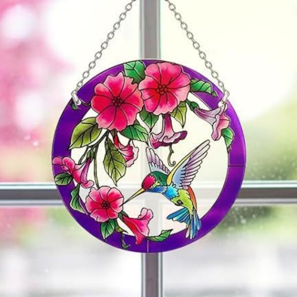 Humming Bird Hanging, Humming Bird Wreath Sign, Stained Glass Effect Humming Bird, Window Hanging, Suncatcher, Indoor or Outdoor, Home Decor