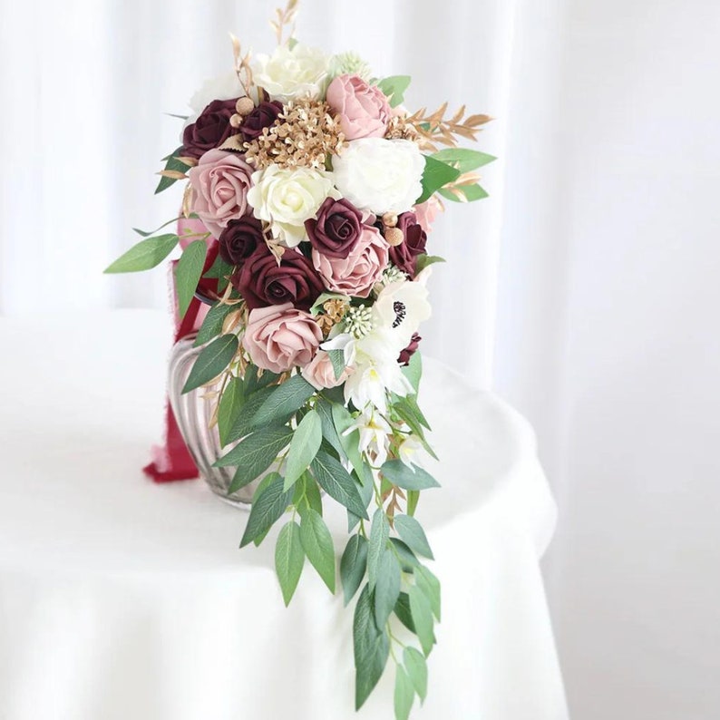 Handmade Artificial Cascading Leafy Rose Bridal Bouquet, Pink Water