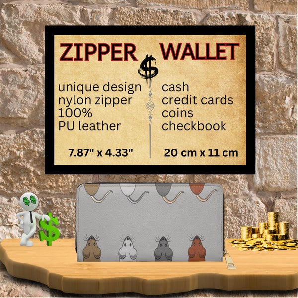 Zipper Wallet  - GREY - "Mice chasing mice" - matching the topic,  20x11x2,5cm, Sweet Design, Moneybag, Cash, Exclusive unique Design, Gift