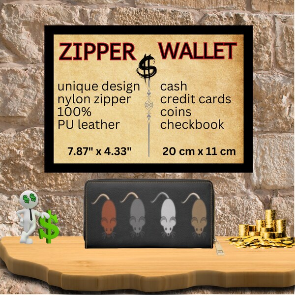 Zipper Wallet - SCHWARZ "Mice chasing mice"- matching the topic,  20x11x2,5cm, Sweet Design, Moneybag, Cash, Exclusive unique Design, Gift