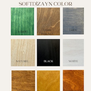 Op de afbeelding: Een kleurenkaart met negen houtbeitsmonsters. Kleuren zijn groen, donkere walnoot, grijs, naturel, zwart, wit, walnoot, eik en kastanje. De tekst "SOFTDIZAYN COLOR" staat bovenaan.