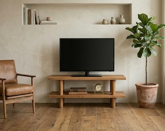 Mueble para TV de madera maciza hecho a mano, mesa consola multimedia con estante