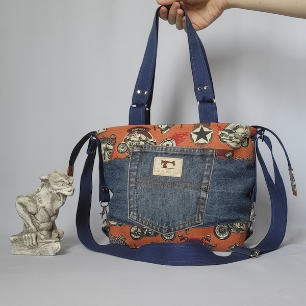 Sac à main style rock pour femme, trois coloris, sac en jean recyclé, sac fille, cadeau pour elle