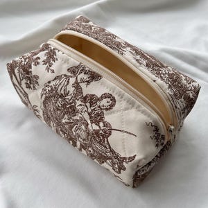 Brown Toile de jouy makeup bag - toile quilted handmade cosmetic bag, medium size