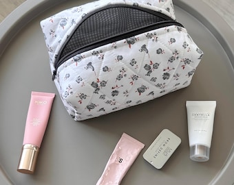 Quilted Floral Cotton Cosmetic Bag, Handmade Makeup Pouch, Travel Organizer