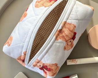 Teddy Makeup bag - handmade quilted cute teddy bear cosmetic bag, aesthetic zipper toiletry pouch, gift for her
