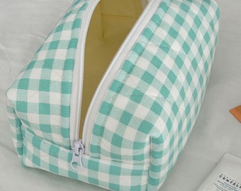 Bolso de maquillaje gingham verde - bolso cosmético gingham de menta acolchado hecho a mano, bolso de bolsa Vichy, lindo bolso cosmético