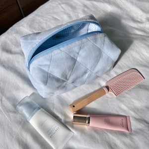Handcrafted Blue Velour Makeup Bag - Quilted Cosmetic Pouch - Stylish Beauty Case