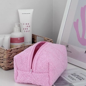 Makeup Bag Pink Towel Pouch, Terry Cosmetic Bag, Terrycloth