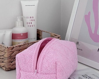 Makeup bag - pink towel pouch, terry cosmetic bag, terrycloth makeup bag, pink quilted pouch bag