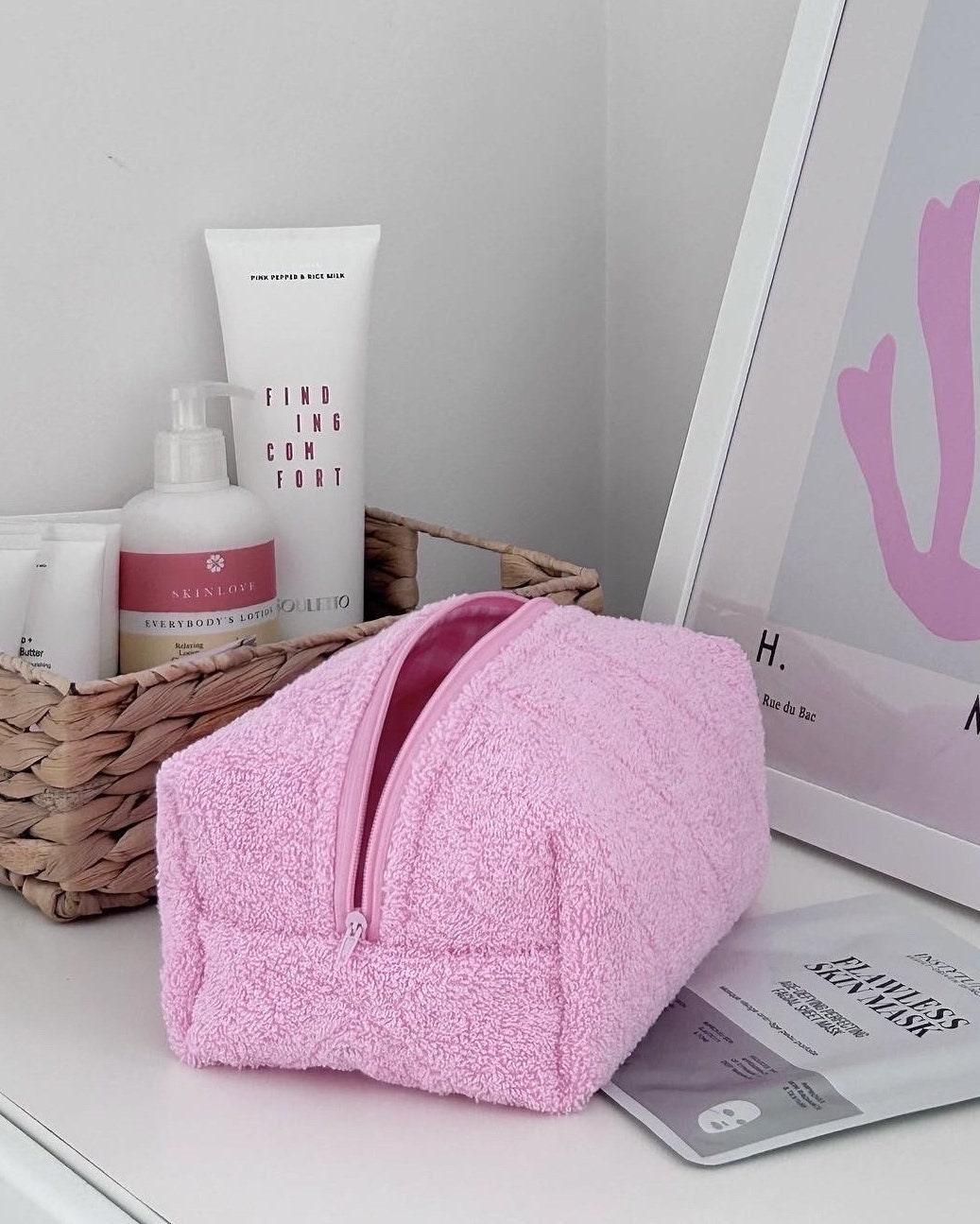 Makeup Bag Pink Towel Pouch, Terry Cosmetic Bag, Terrycloth