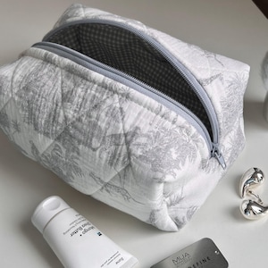 Gray Toile de jouy cosmetic bag - aesthetic pattern makeup bag, medium size