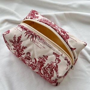 Red Toile de Jouy makeup bag - canvas aesthetic handmade cosmetic bag, medium size 20*12*9 cm