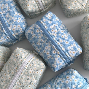 Floral quilted makeup bag, cute cotton cosmetic bag