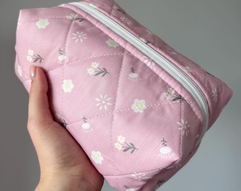 Handmade Pink Floral Quilted Makeup Bag - Quilted Cosmetic Pouch, Floral Beauty Bag