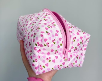 Quilted Heart Cosmetic Bag - Pink Cherry Beauty Pouch