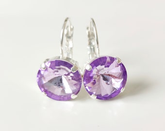 Amethyst Austrian Crystal Drop Earrings: Silver-Plated Leverback, 12mm