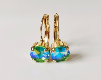 Turquoise Vitrail Austrian Crystal Gold-Plated Leverback Earrings (8mm)