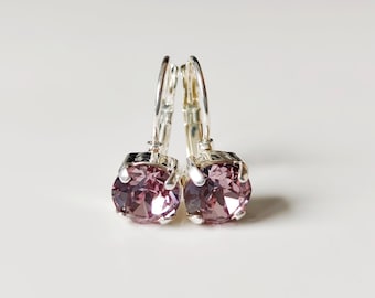 Amethyst Austrian Crystal Drop Earrings: Silver-Plated Leverback, 8mm