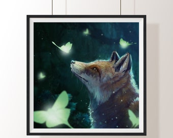 Fox Spirit and Luna Moths Poster - Kitsune Print - Fantasy Painting - Wildlife Art - Nature Wall Illustration - Moonlit Forest