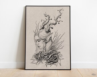 Impresión de elfo del bosque de fantasía - Cartel de bruja naturalista mágica - Inktober Elf Girl Wall Art - Dibujo de sanador de hadas de hongos mágicos