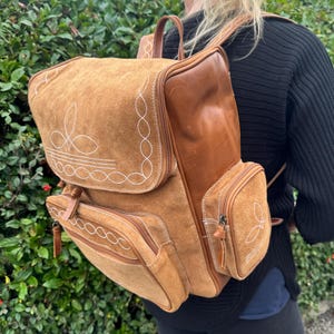 Boot Stitch Suede Backpack: Large Leather Boho Travel Bag with Lots of Compartment