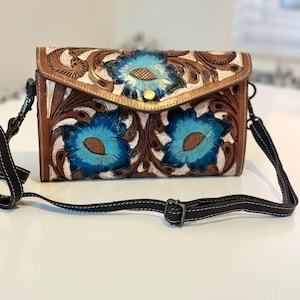 Hand Tooled Leather Crossbody Clutch: Western Style Turquoise & Cream Purse