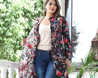 Stylish Floral Reversible Quilted Jacket for Women | Jackets for Women |  Long Sleeve Bohemian Winter Wear | Pink Floral Quilted Jacket