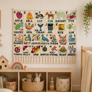 Handmade Alphabet Tapestry for Babies and Kids in Landscape Wall Hanging: Crewel Wool Embroidery ABC Wall Hanging Nursery Decor BabyShower