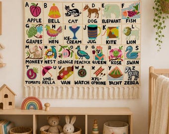 Handmade Alphabet Tapestry for Babies and Kids in Landscape Wall Hanging: Crewel Wool Embroidery ABC Wall Hanging Nursery Decor BabyShower