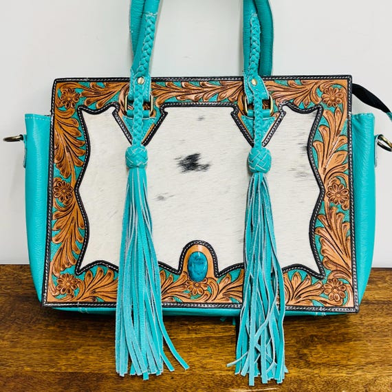 Hand Tooled Leather Tote Bag: Turquoise Western Cowgirl Tassel Bag
