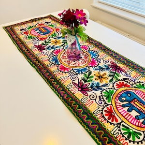 Table Runner Elephant Floral | Embroidered Table Runner | House Warming | Console Tablecloth |  Boho Table Runner | Indian Table Runner |