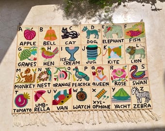 Handmade Alphabet Tapestry for Babies and Kids in Landscape Wall Hanging: Embroidered ABC Wall Hanging Nursery Decor